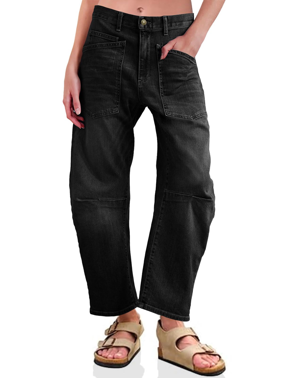 PLNOTME Womens Baggy Barrel Horseshoe Jeans High Waisted Wide Leg Vintage Denim Pants with Front Pockets