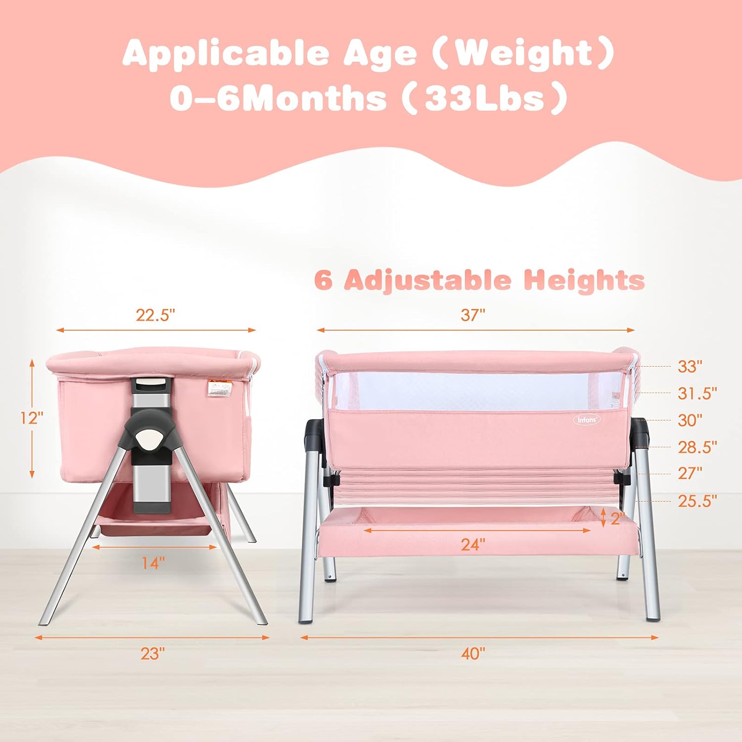 Diagram illustrating the 6 adjustable height settings and dimensions of the INFANS Baby Bassinet.