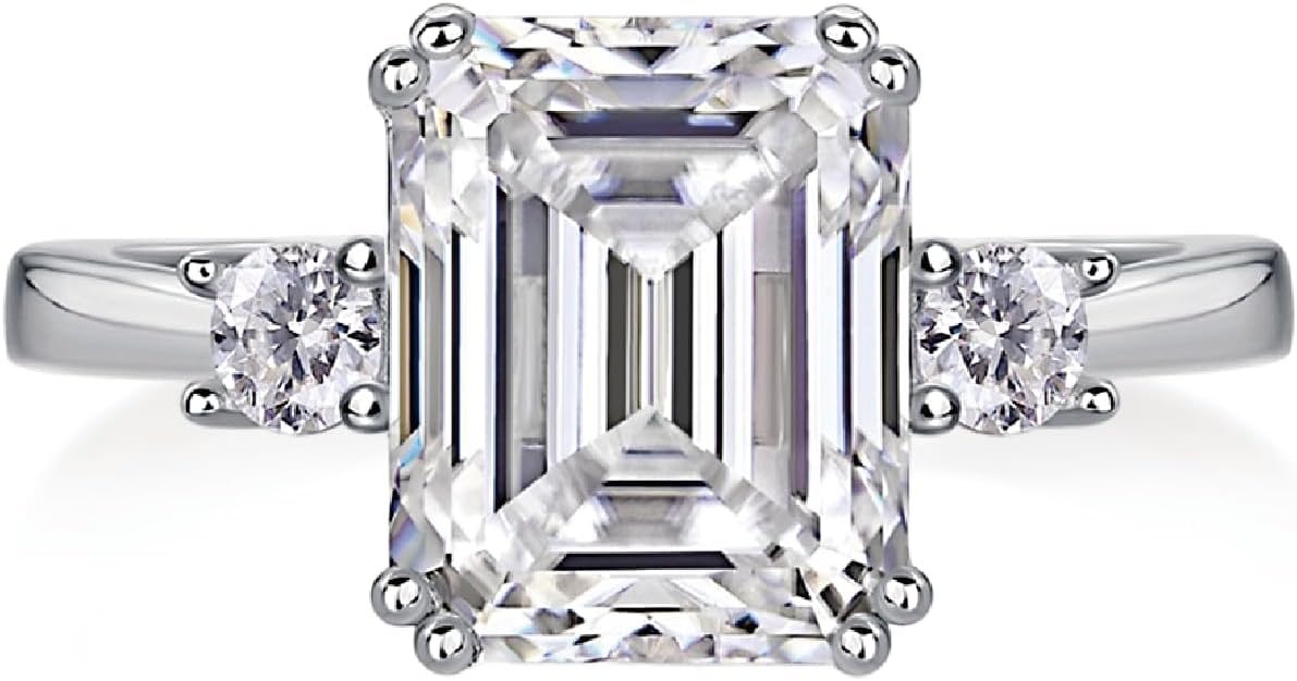 Moissanite Engagement Ring for Women, 4CT Emerald Cut D Color VVS1 10*8MM Main Stone, Three Stone Design, 18K Gold Plated 925 Sterling Silver, Wedding Promise Proposal Anniversary Ring for Women Wife, All Size