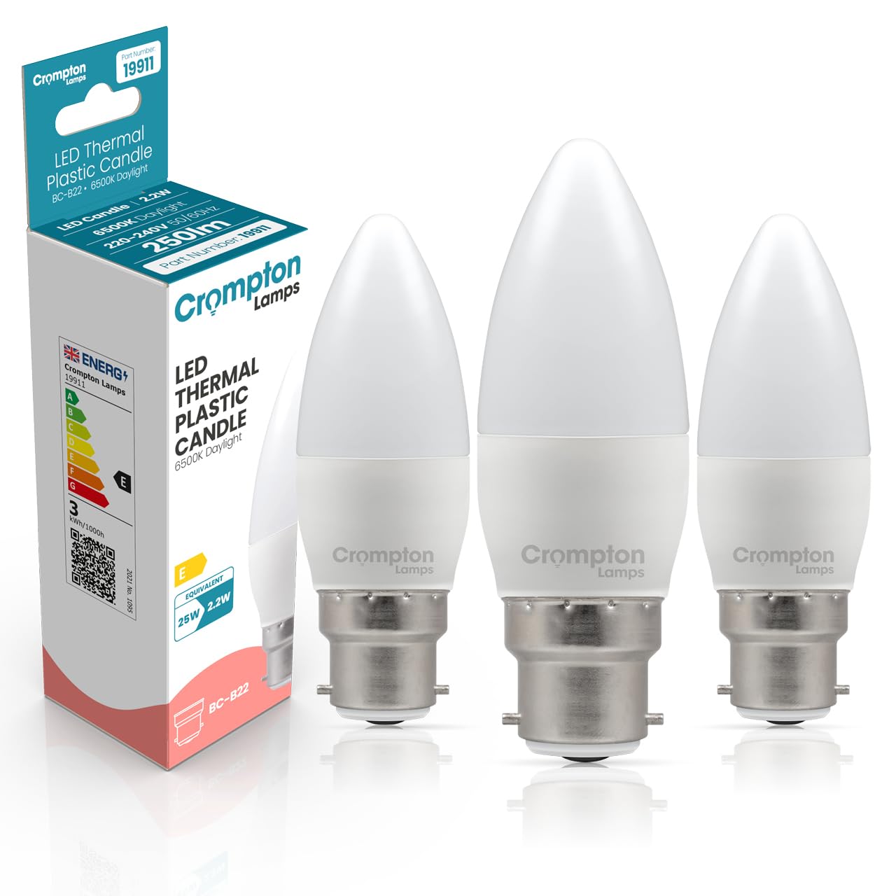 Crompton Lamps Candle LED B22 Bulb | 2.2W = 25W Equivalent | Daylight 6500K | Energy Efficient | Bayonet Lightbulb | Long Life 15,000-Hrs | Bulbs for Lamps | 3-Pack