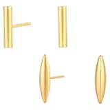 VACRONA 14K Gold Plated Stud Earrings Small Bar, Dot, Square, Teardrop, Triangle, Circle, Rhombus Sterling Silver Post Studs Set for Women