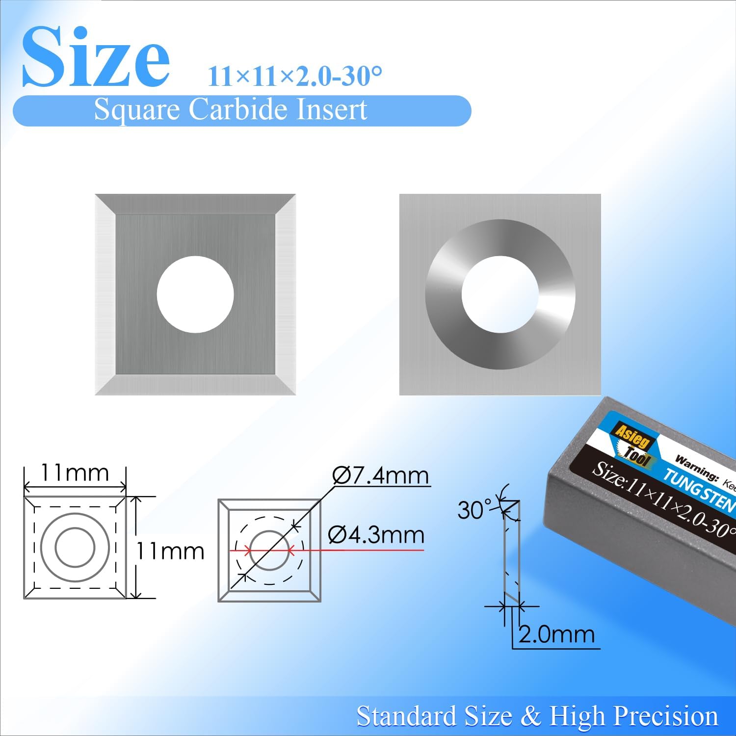 Asieg Tool 11x11x2.0mm Tungsten Carbide Replacement Blades Cutter Inserts Knives with Screws M4x9 Replacement for Woodworking Fits Spiral Helical Planer Cutter Head or lathe Turning Tipped 10pcs