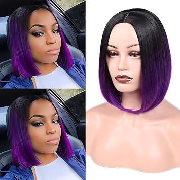 Hanne Ombre Black To Purple Bob Wig Short Straight Bob Wigs For Women (Black To Purple)