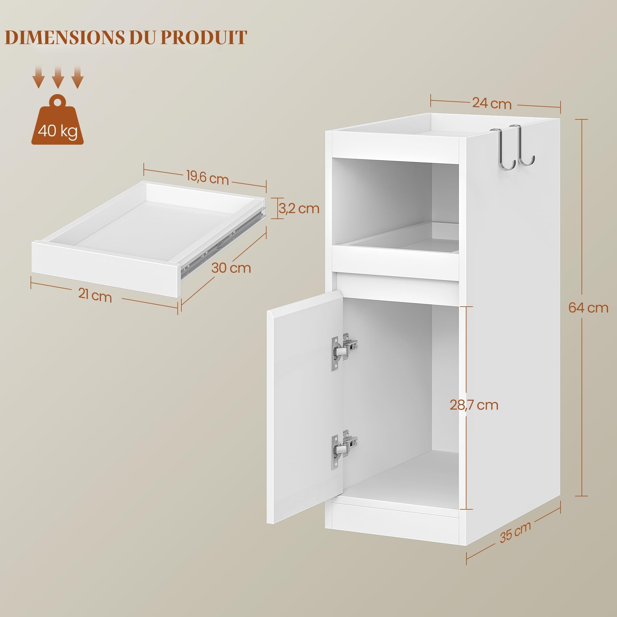 HEXCELEN Table de Chevet Lot de 2, Table de Nuit avec Plateau, Tables d'appoint étroite avec 1 Porte, Tables d'appoint avec 2 Crochets, pour Chambres à Coucher, Salons, Moderne Blanc 35 × 24 × 64 cm