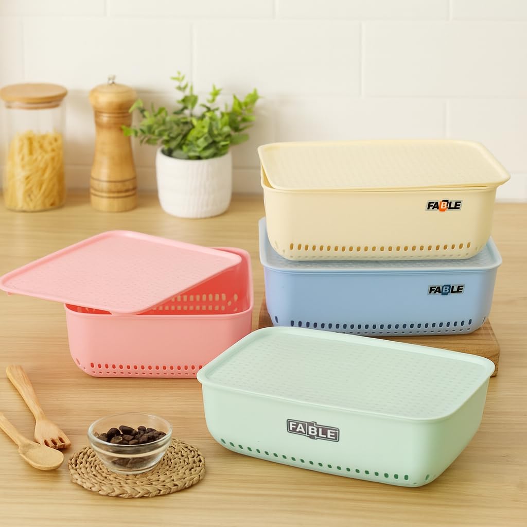 FABLE Combo Of 4 Small Size Multipurpose Baskets Storage Basket with Lid Plastic Box Organiser for Home Kitchen Storage Storage Basket (Pack of 4) (Croma 4 Pic With Lid)-image-7
