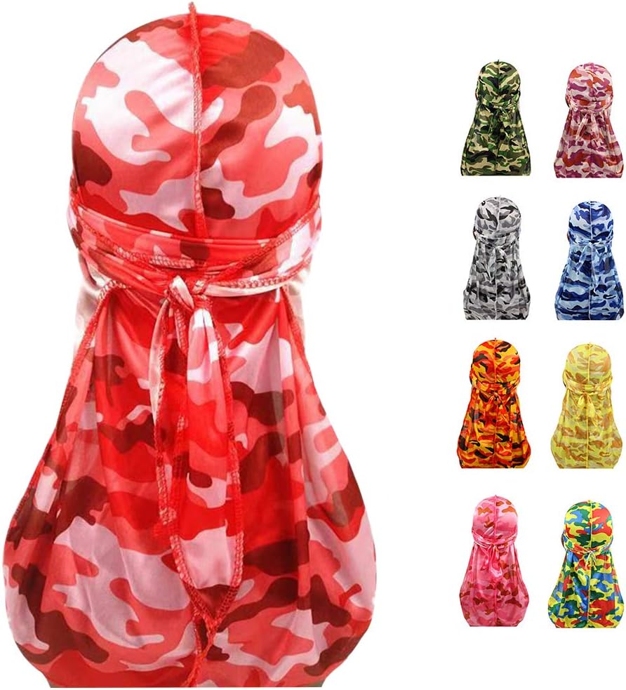 SejardinColorful Military Camouflage Waves Long Tail Caps Bandana Turban Silky Durag Headwraps for Men and Women