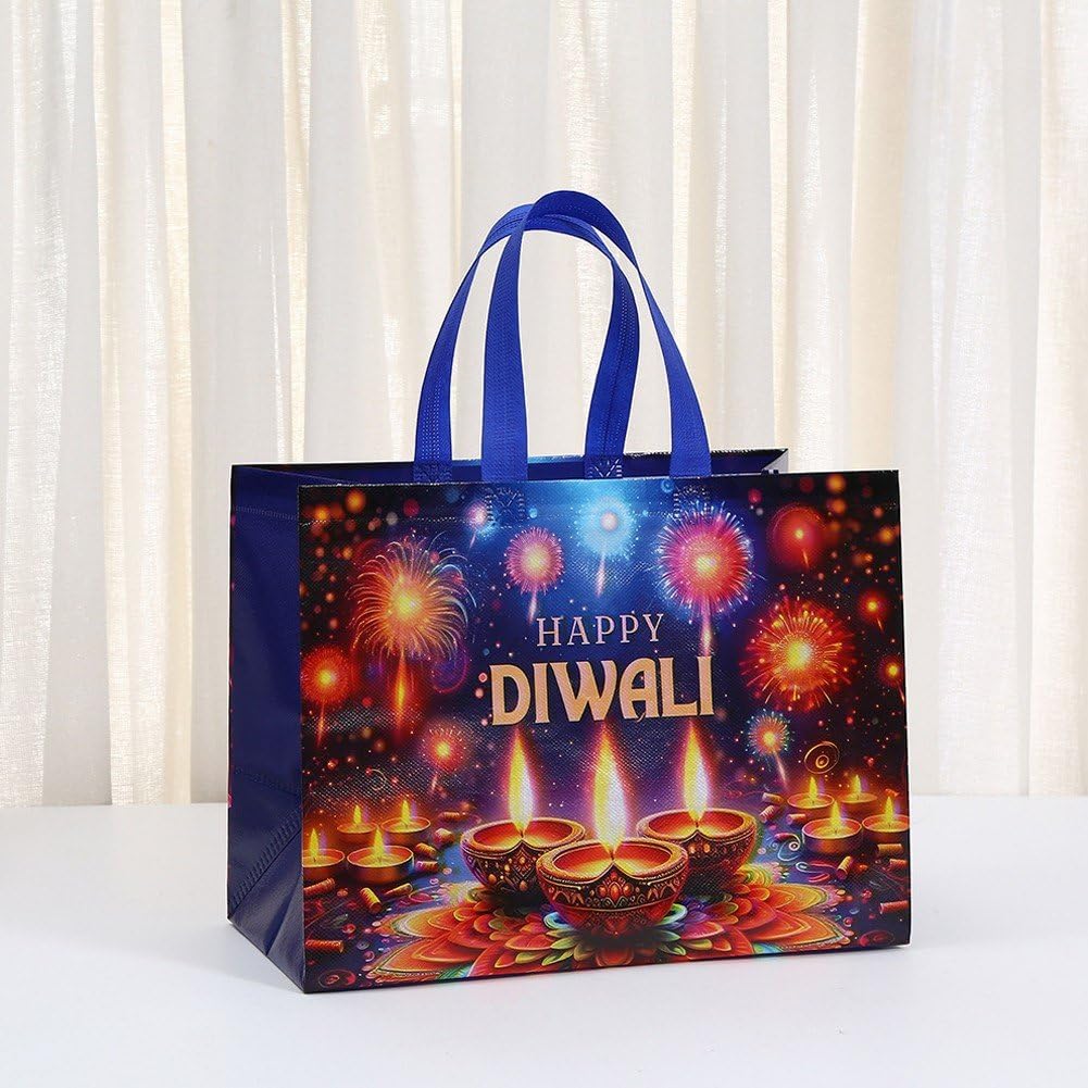 12 torebek na prezenty Happy Diwali, z włókniny, z kolorowymi nadrukami fajerwerków, wielokrotnego użytku, z uchwytem