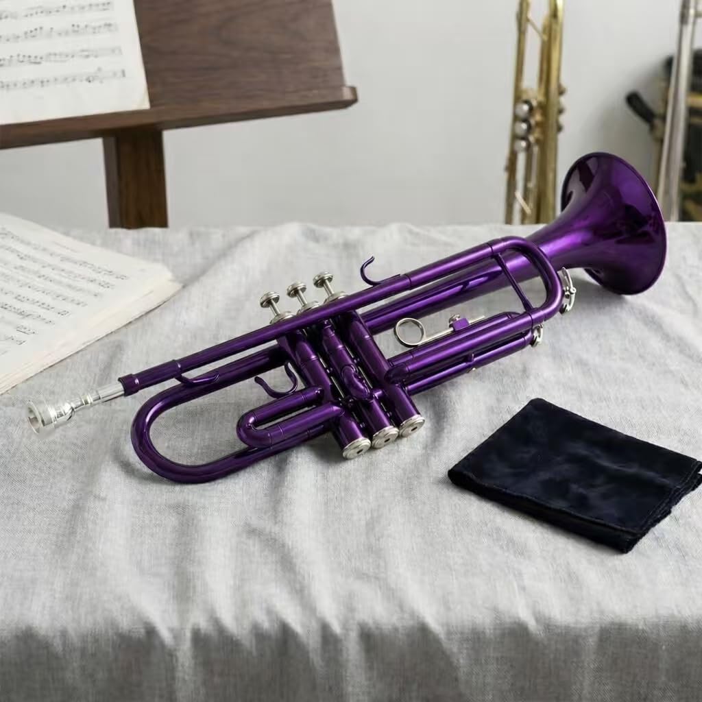 Bb Standard Trumpet for Students & Beginners, Brass Trumpet Set with Hard Case, 7C Mouthpiece, Cleaning Cloth & Gloves, Purple