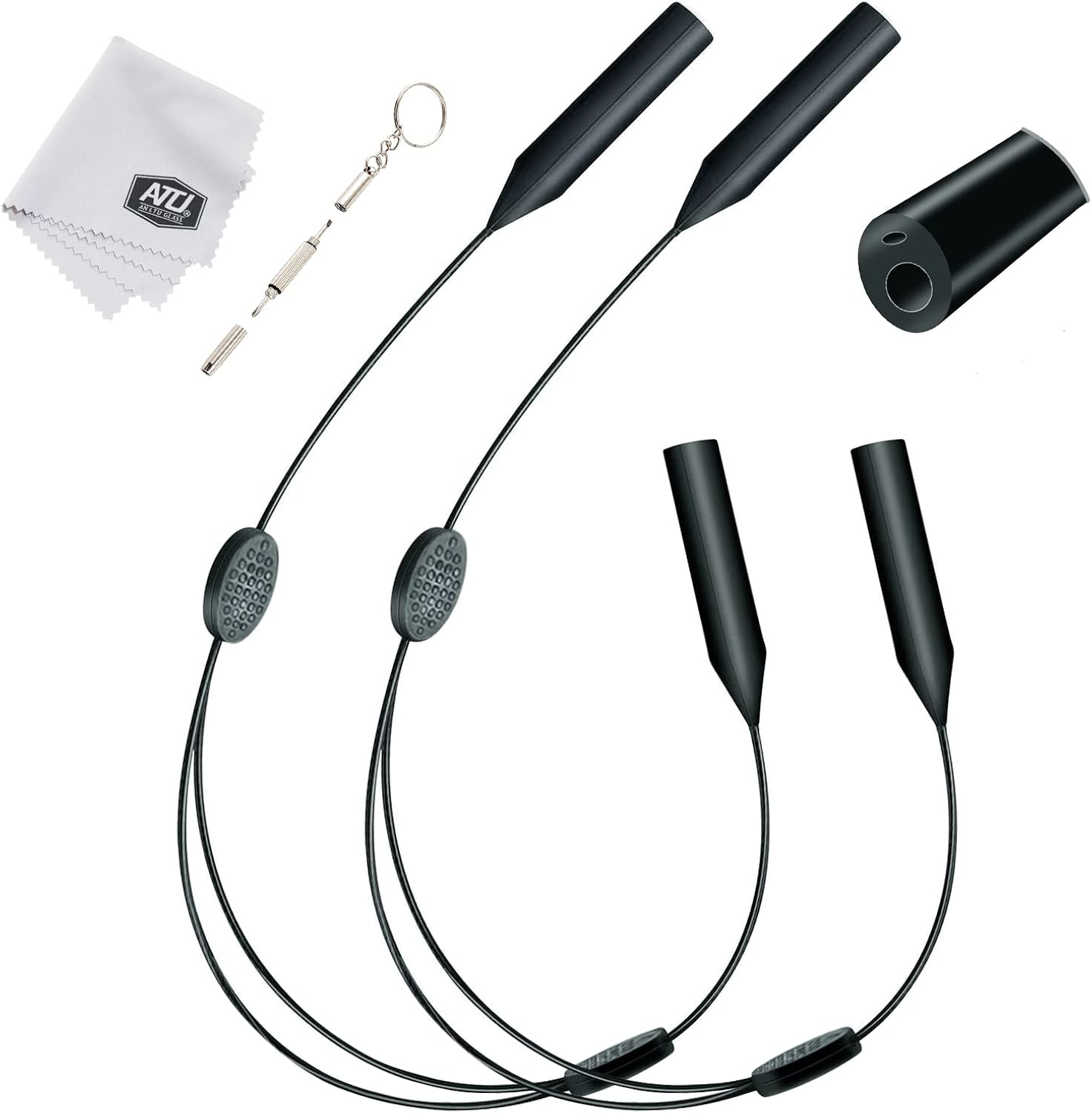 2pcs Eyeglasses Holder Strap, Sunglasses Strap, Eyewear Retainer, Sports String Retainer, Adjustable from 9.2" to 14”, with Glass Cleaning Cloth and Screwdriver, Black 2pcs Eyeglasses Holder Strap, Sunglasses Strap, Eyewear Retainer, Sports String Retainer, Adjustable from 9.2" to 14”, with Glass Cleaning Cloth and Screwdriver, Black