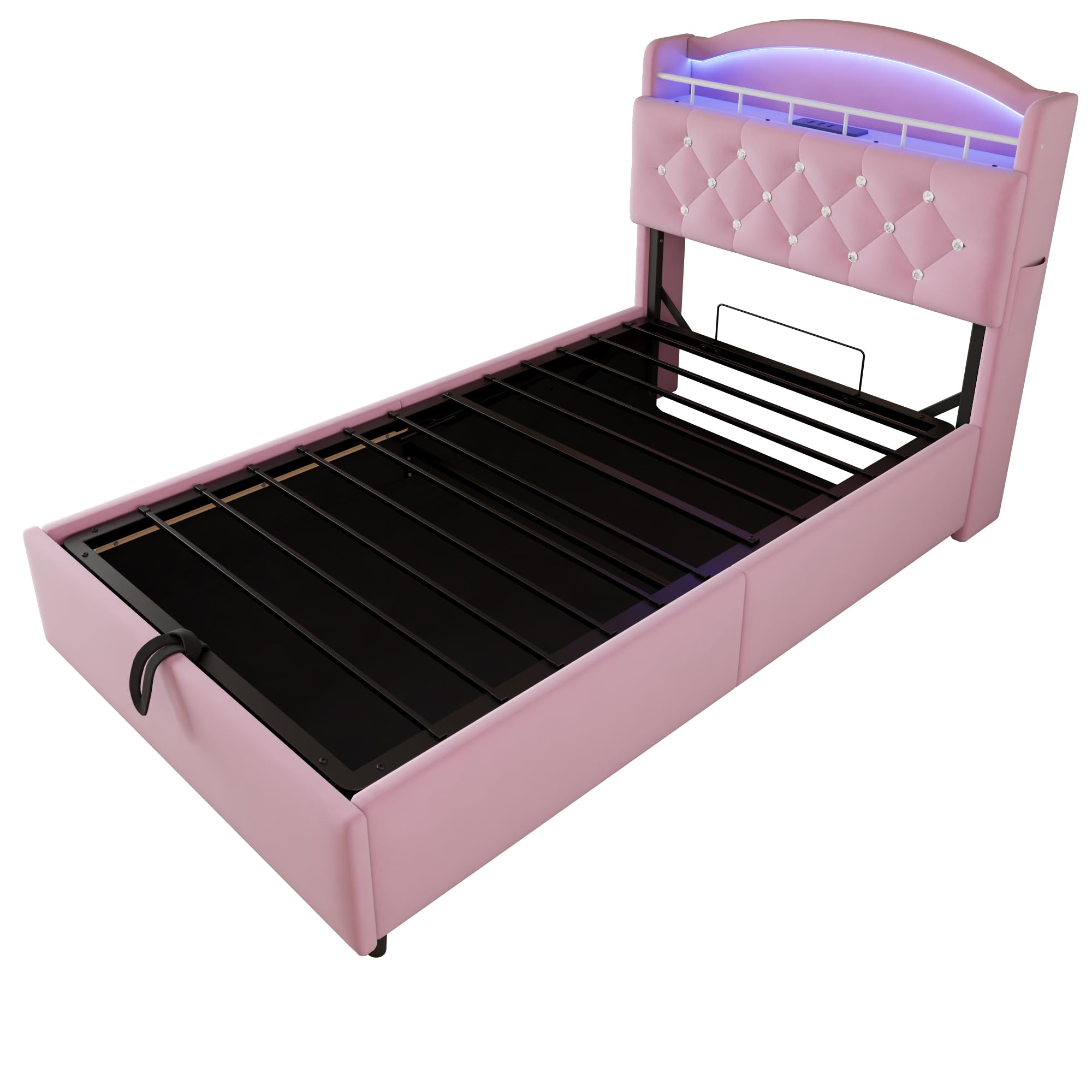 Cama 90x200 cm Camas Infantiles con USB y Cabecero de Almacenamiento, Cama Tapizada Cama Individual con LED y Almacenaje Hidráulico, Camas Individuales Juveniles, Terciopelo, Sin Colchón, Rosa