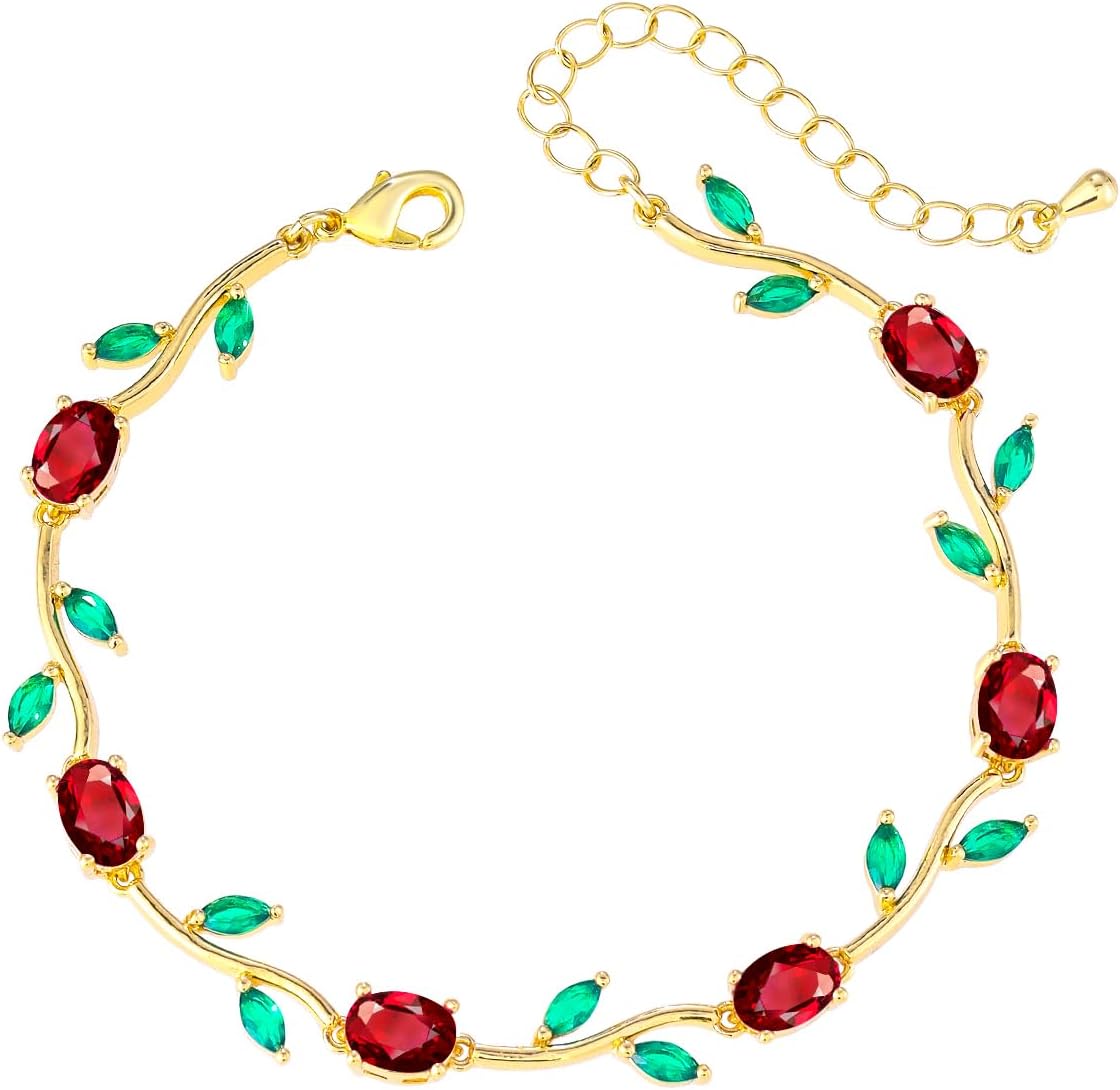 Red Rose Flower Bracelet for Women Cubic Zirconia Link Bracelet Adjustable for Mother's Day Wedding Prom