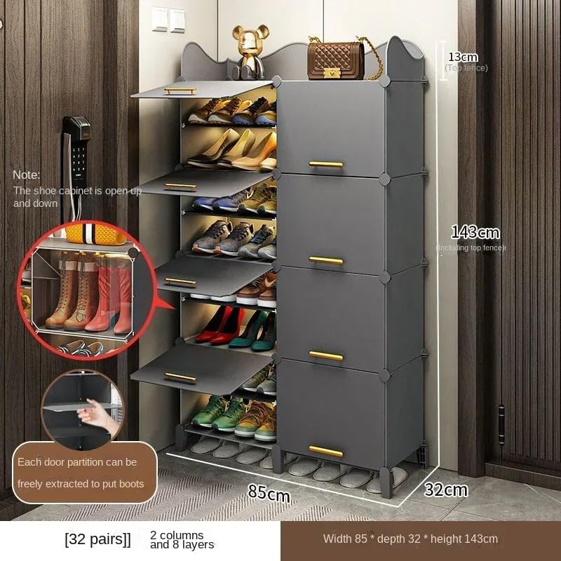 Image of EVRUM Plastic Shoe Rack for Home with Door, 8 Door 16 Shelf | DIY Shoe Stand Organizer Cabinet for 32 Pairs Storage | Portable Slipper & Chappal Stand (Black)