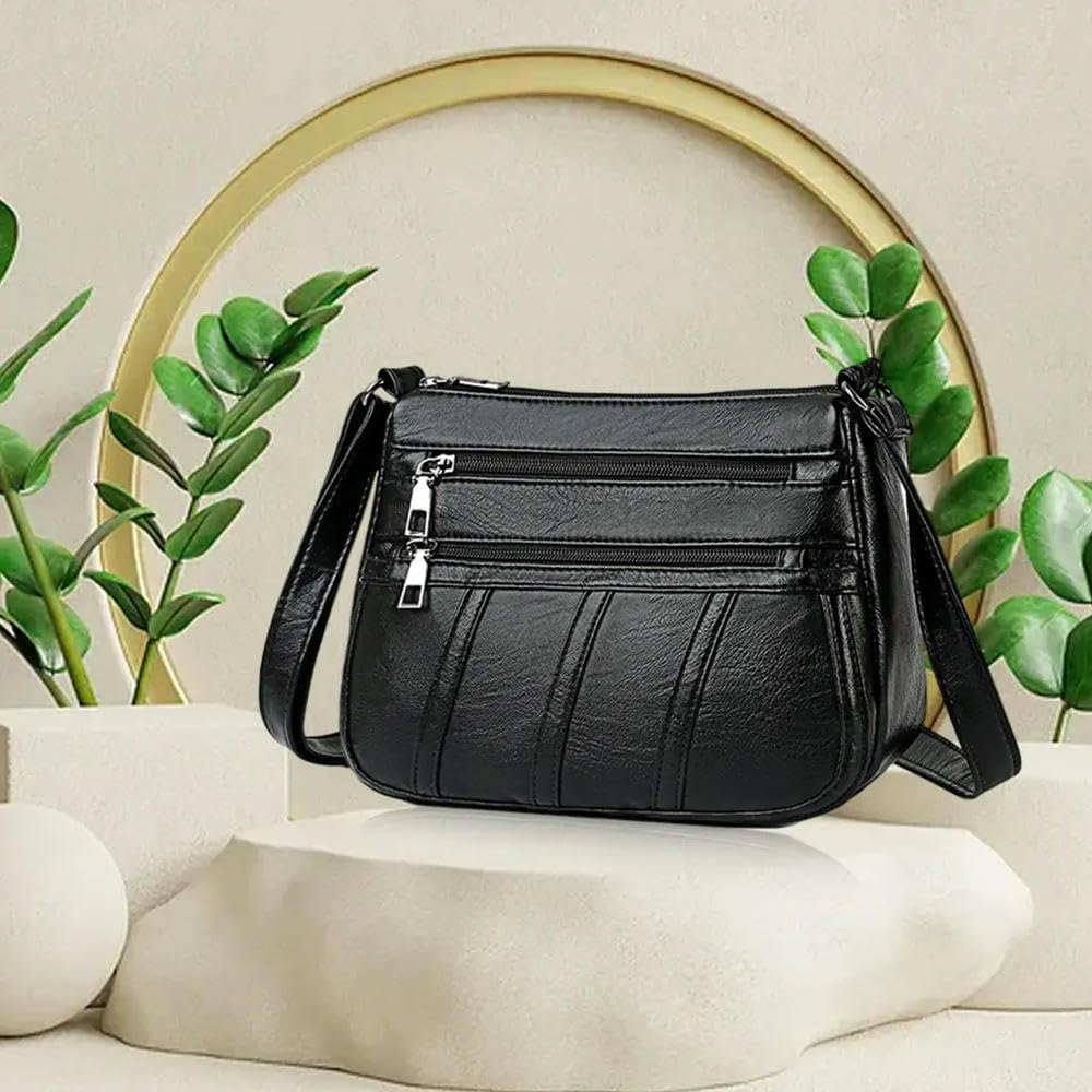 ZBDZSW Bolso Bandolera Estilo Retro de Moda para Mujer, Bolso de Mensajero Informal de Cuero PU, Bolso de Hombro con Correa Larga, Negro Black