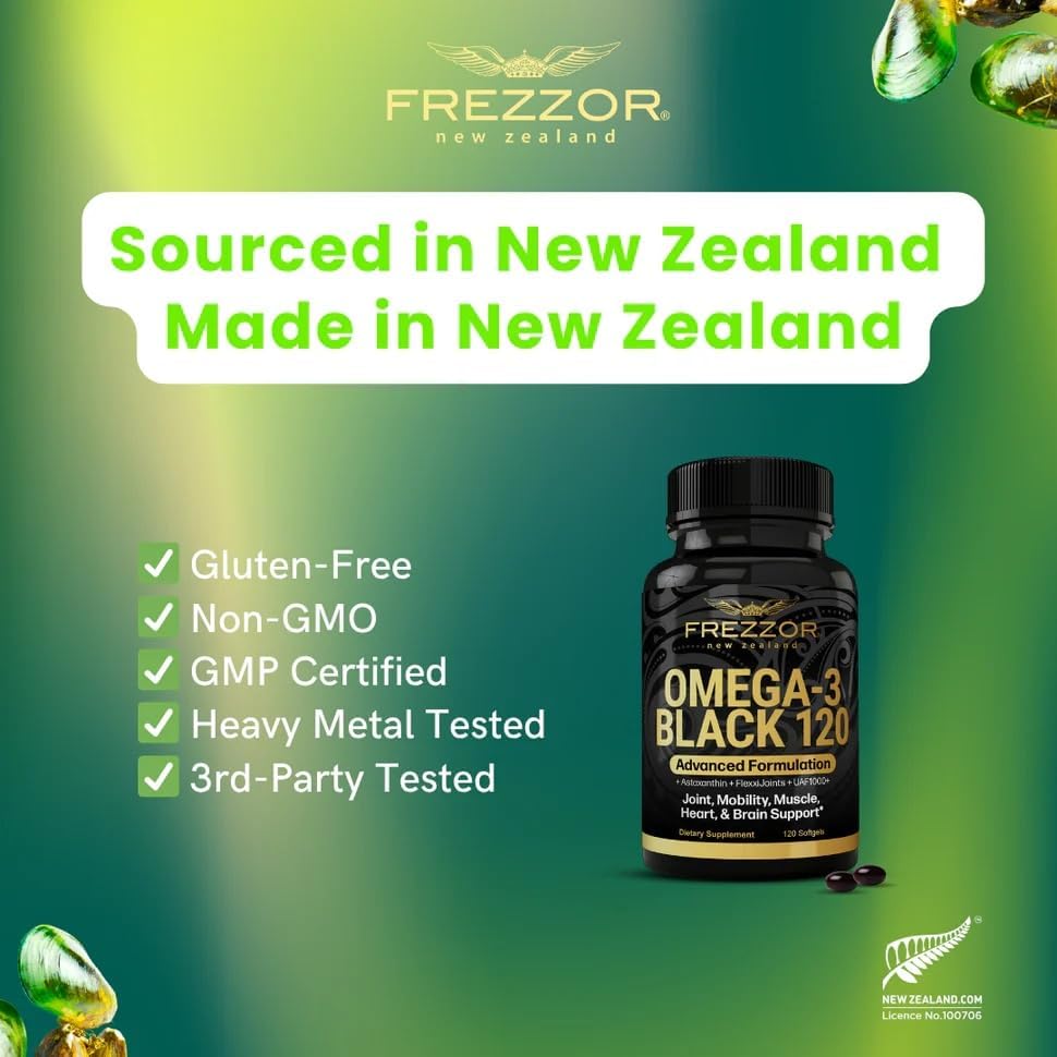 FREZZOR Omega 3 Black - Green Lipped Mussel Oil Capsules, Made in New Zealand, UAF1000+, No Fishy Aftertaste, 120 Count (Pack of 1) - Image 3