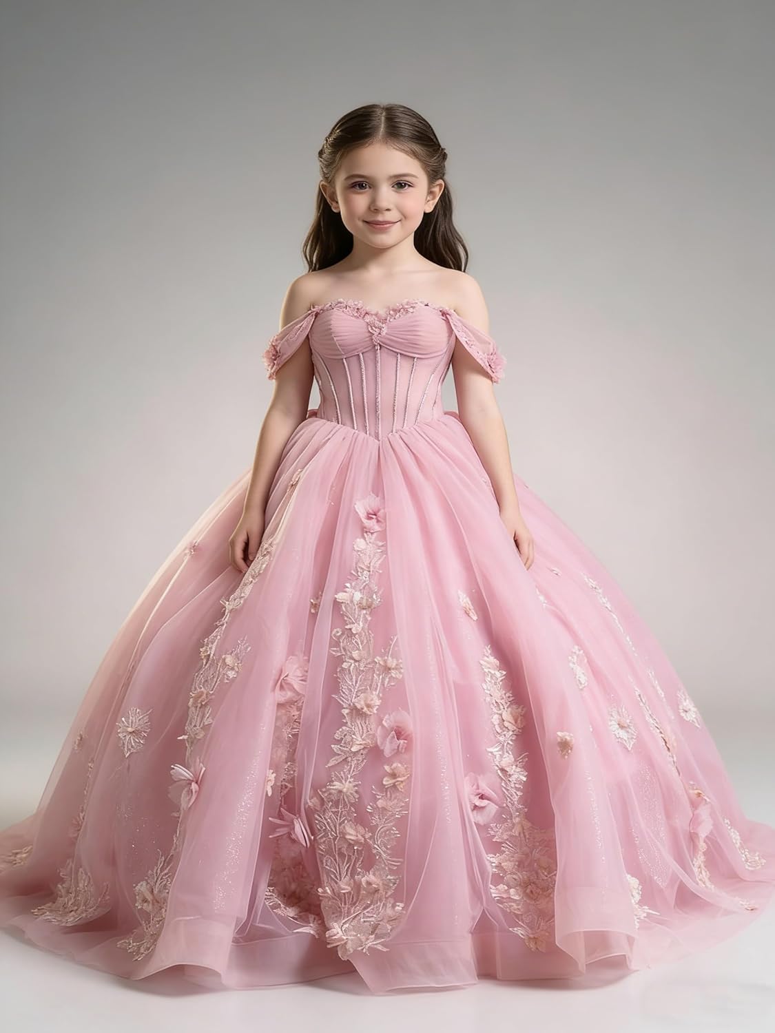 Blumenmädchenkleider mit Spitzenapplikationen und Schleife, perlenbesetztes Ballkleid mit Schleppe, Schulterfreies Festkleid für Mädchen