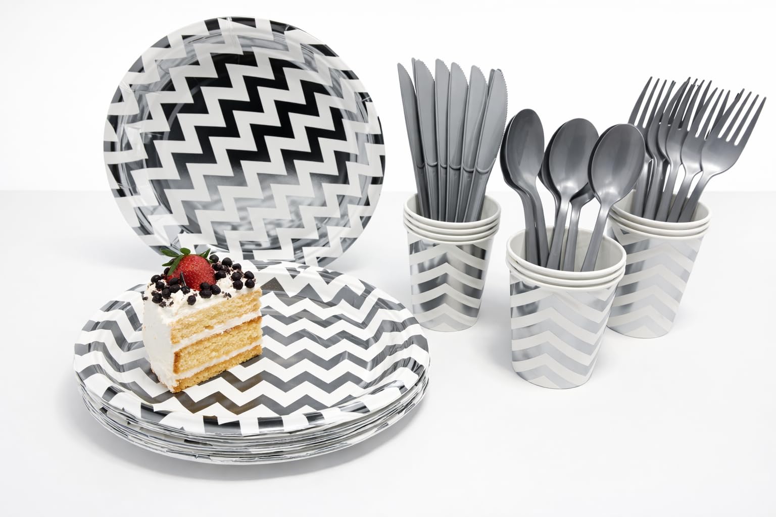 Party Tableware Set, 120 Pieces, Paper Plates Cups Knives Forks Spoons, for Wedding Birthday Baby Shower Engagement, 20 Guests (120pc Silver Printed Set)