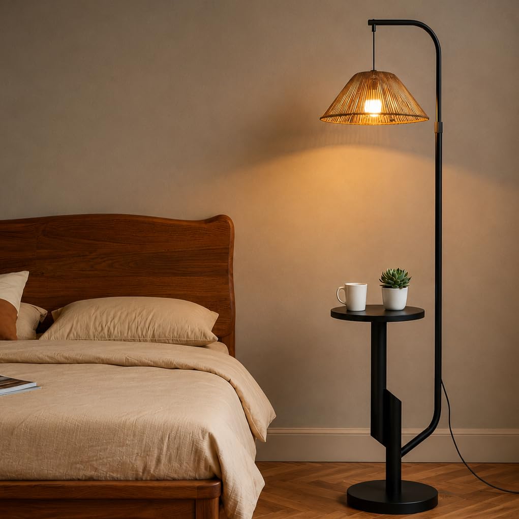Stehlampe Wohnzimmer Rattan mit Ablage – Boho Stehleuchte E27 mit gewebtem Lampenschirm, 3 Farbtemperaturen einstellbar per Fußschalter, 175cm hoch für Schlafzimmer WOVI FL15