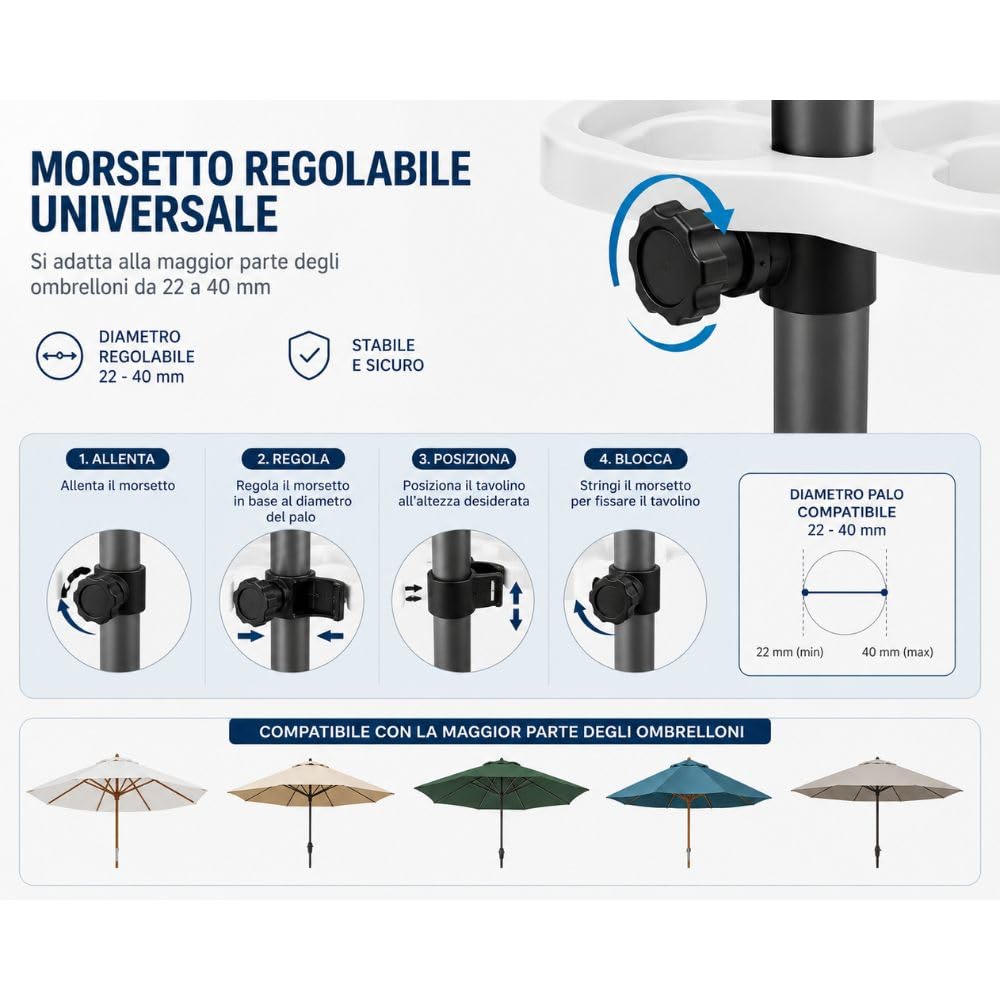Tavolino Porta Oggetti per Ombrellone 35x35 cm – Tavolo Universale con Morsetto Regolabile 22-40 mm
