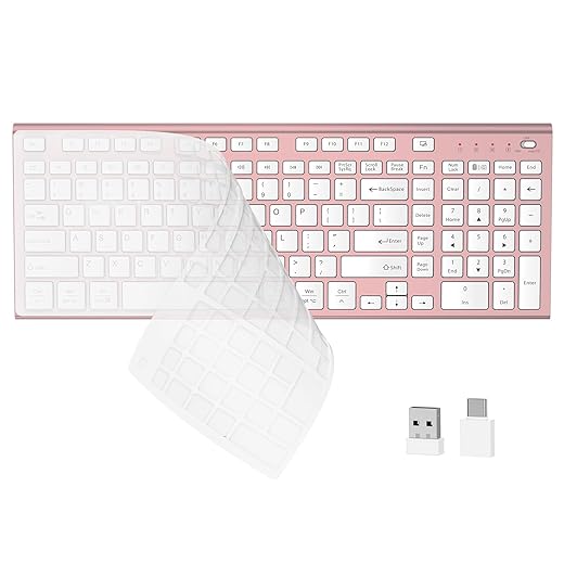 FENIFOX Wireless Silent Keyboard, Ultra Quiet USB C Low Profile Compact Full Size with Number Pad Flat Slim Thin Soft Touch for Mac Computer MacBook iMac PC Laptop Desktop Office (Pink Rose Gold)