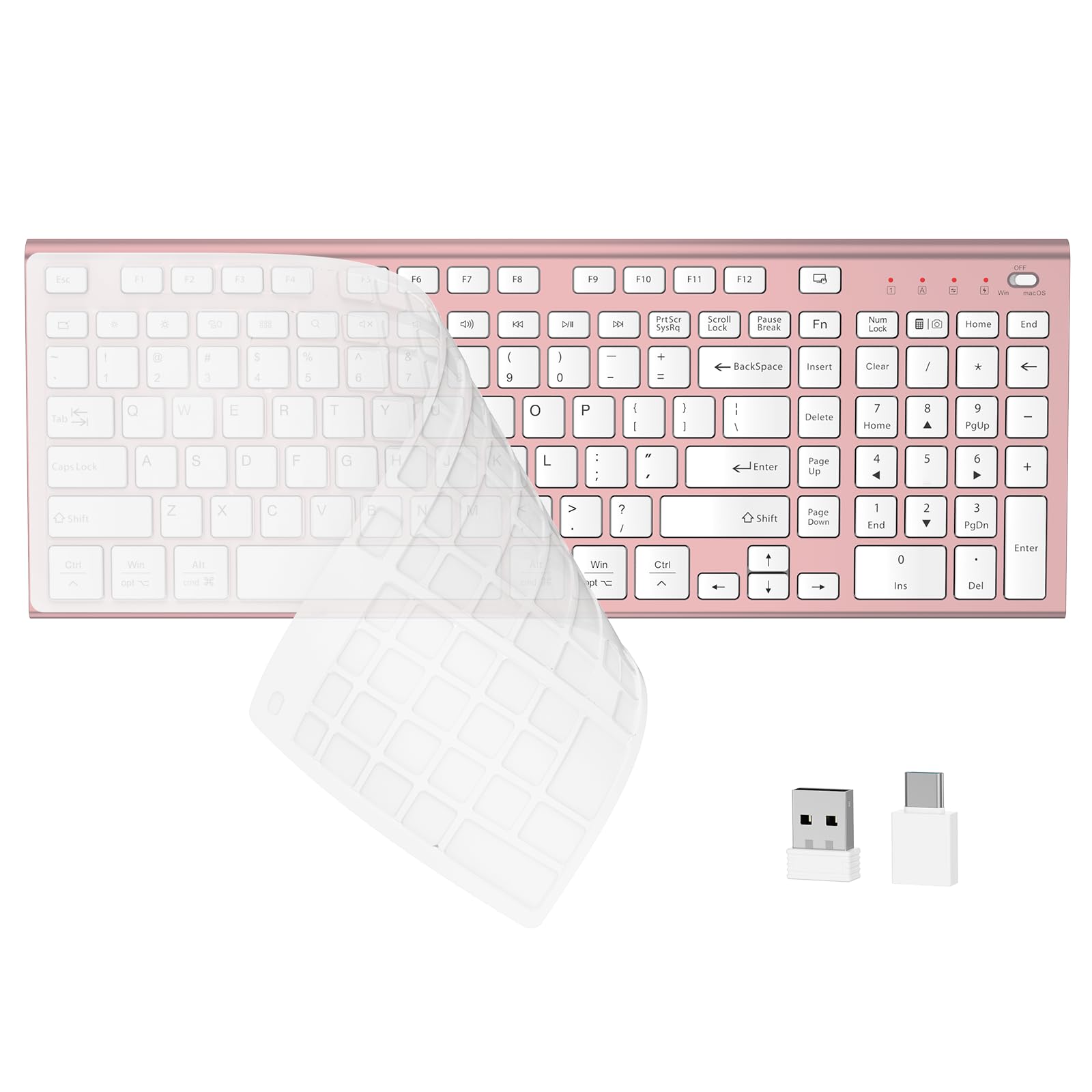 FENIFOX Wireless Silent Keyboard, Ultra Quiet USB C Low Profile Compact Full Size with Number Pad Flat Slim Thin Soft Touch for Mac Computer MacBook iMac PC Laptop Desktop Office (Pink Rose Gold) - 1