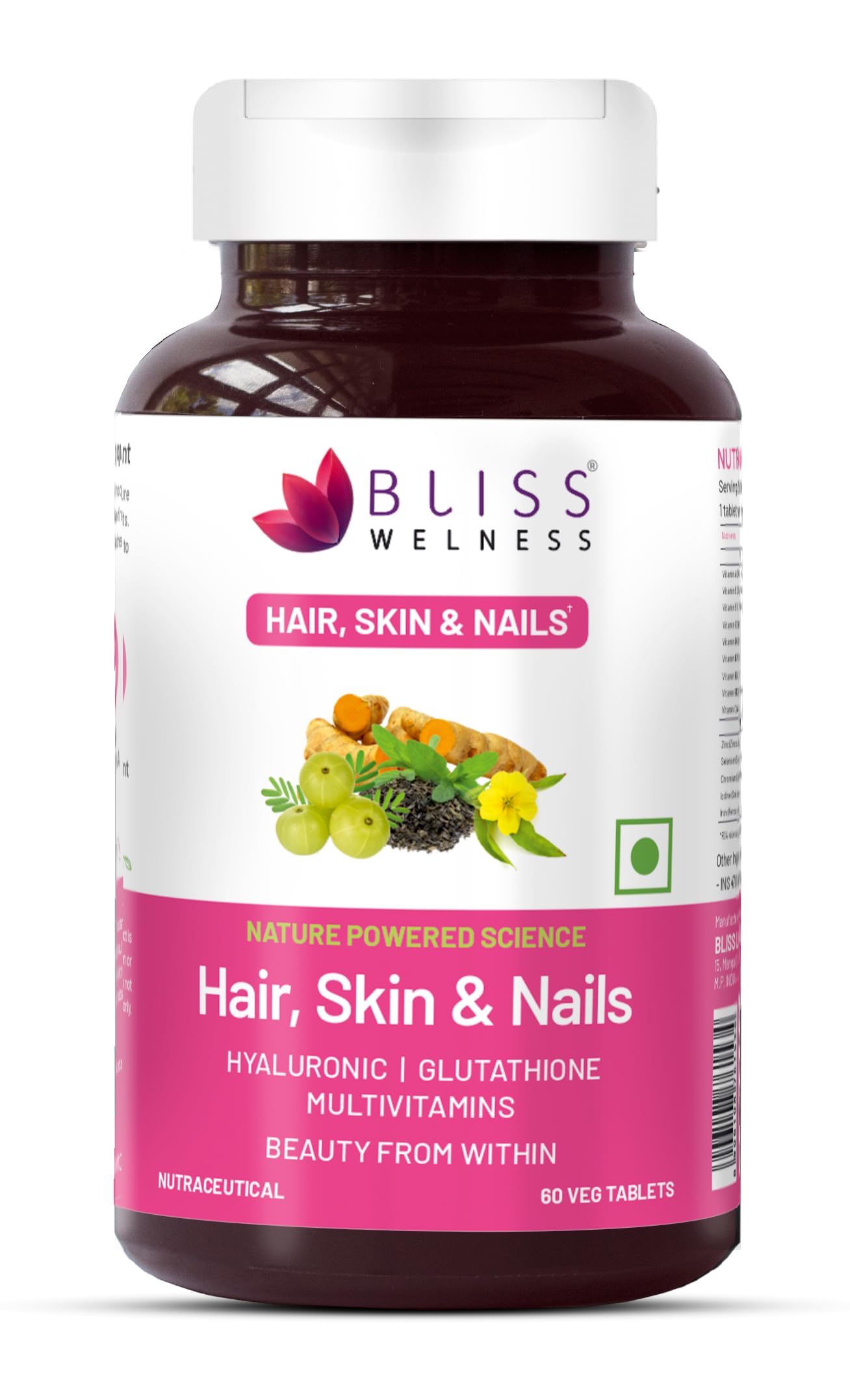 Bliss Welness Hair Skin Nails Multivitamins with Hyaluronic Acid Glutathione Biotin | Improved Hair Growth Stronger Nails Glowing Skin Collagen Supplement for Women & Men - 60 Vegetarian Tablets