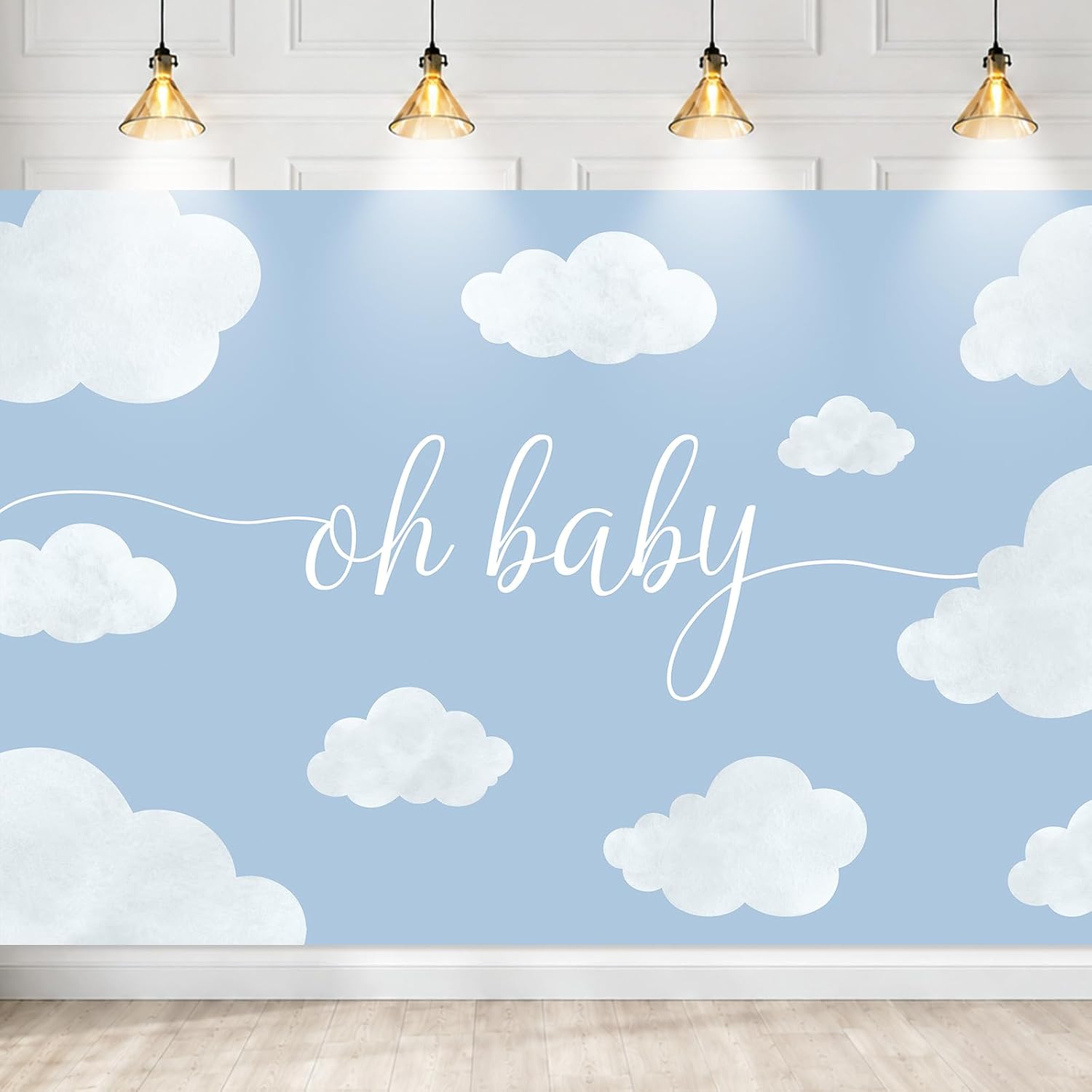 MEHOFOND 7x5ft Oh Baby Shower Backdrop Blue Baby Birthday Party Decorations Backdrop Blue Sky White Cloud Baby Shower Party Decorations Cake Table Banner Supplies Photo Studio Props