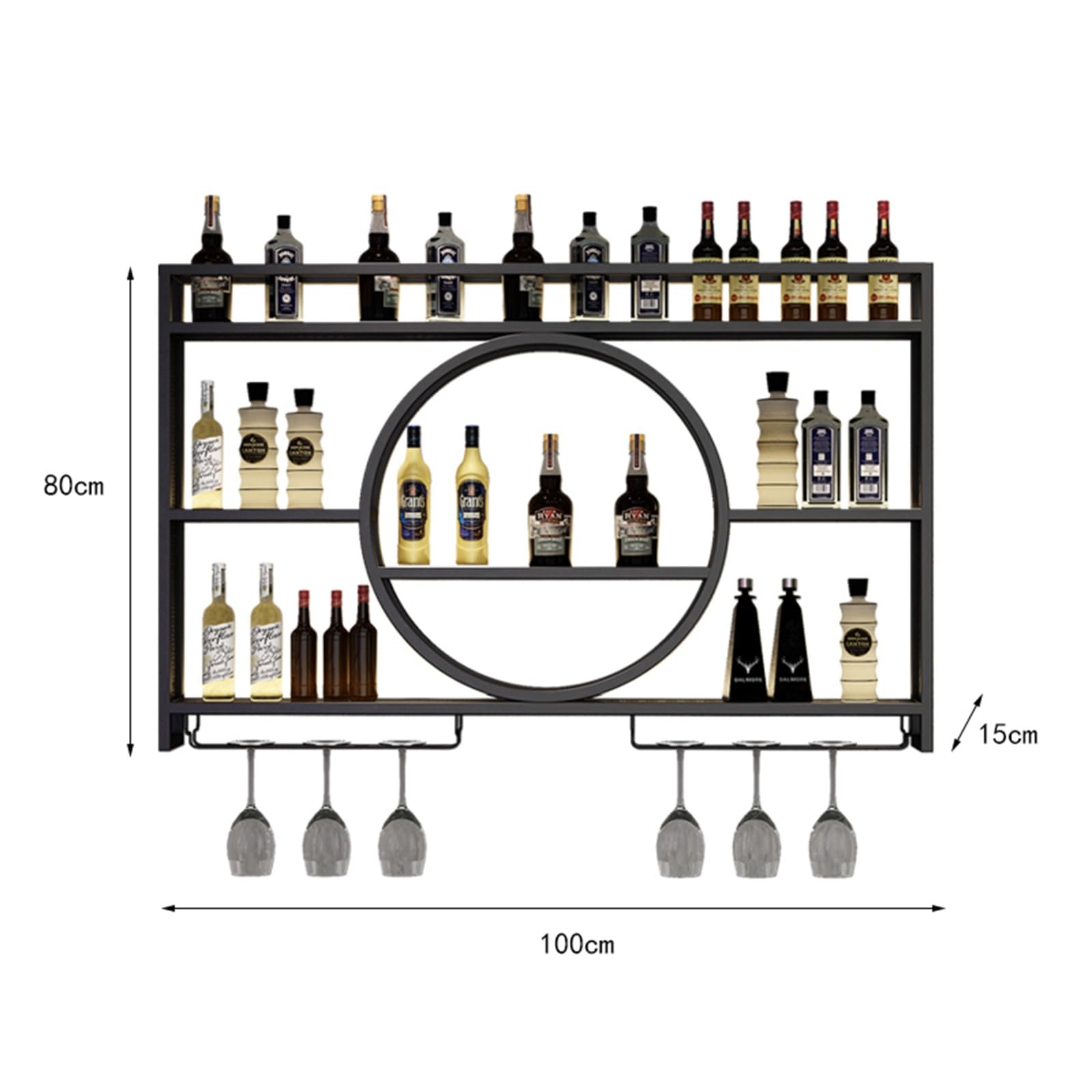 Estante de metal para botellas de vino y vidrio con luz LED para montar en la pared, para sala de estar, comedor, cocina, color negro, 24 pulgadas