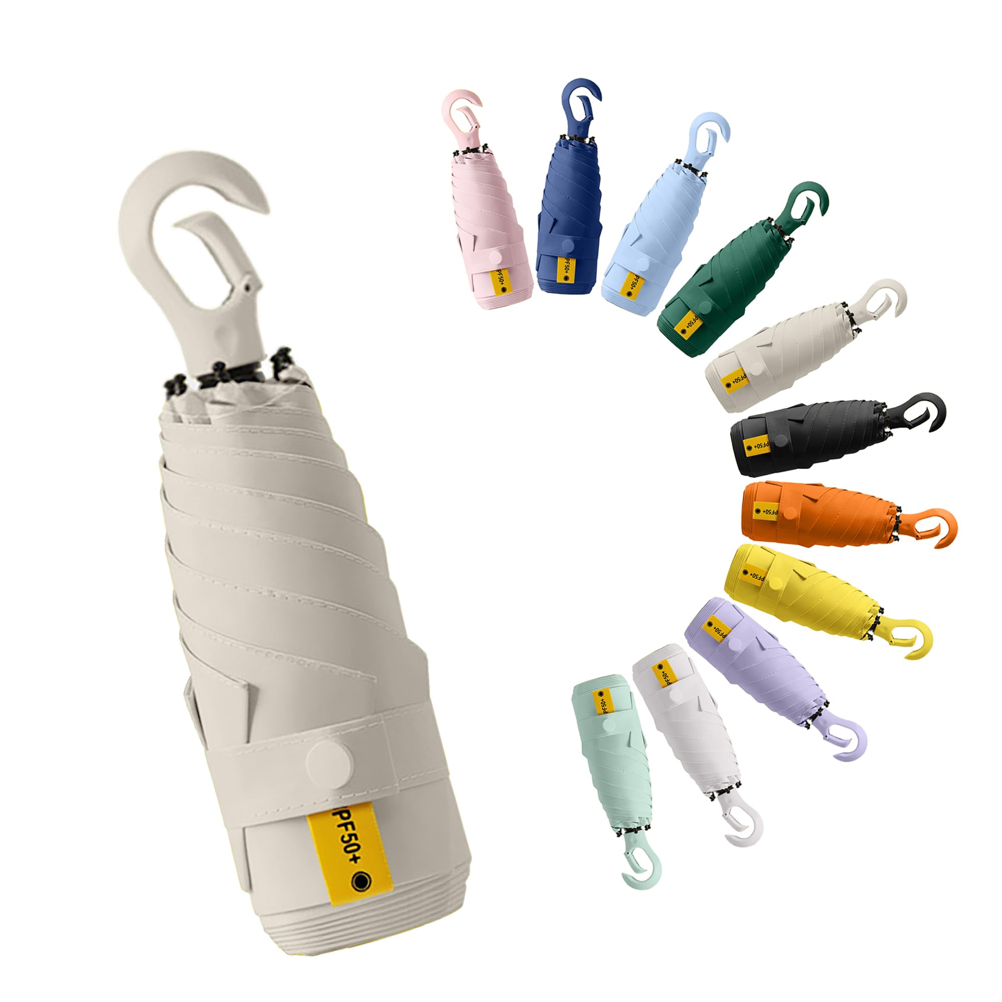 Mini Pliant Voyage Compact Poche Parapluie Avec Poignée Mousqueton,Femme Et Enfant,Soleil Et Pluie,Ultra Léger,Côtes En Fibre De Verre,UPF 50+ Protection UV