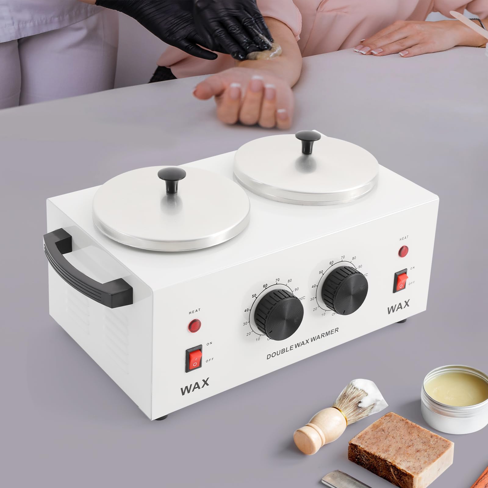 Elektryczny podgrzewacz wosku 200 W, 2 x 400 ml, regulacja temperatury 0 – 100 °C, do woskowania, depilacji, profesjonalny topiarka do wosku z pokrywką do salonu, spa i użytku domowego