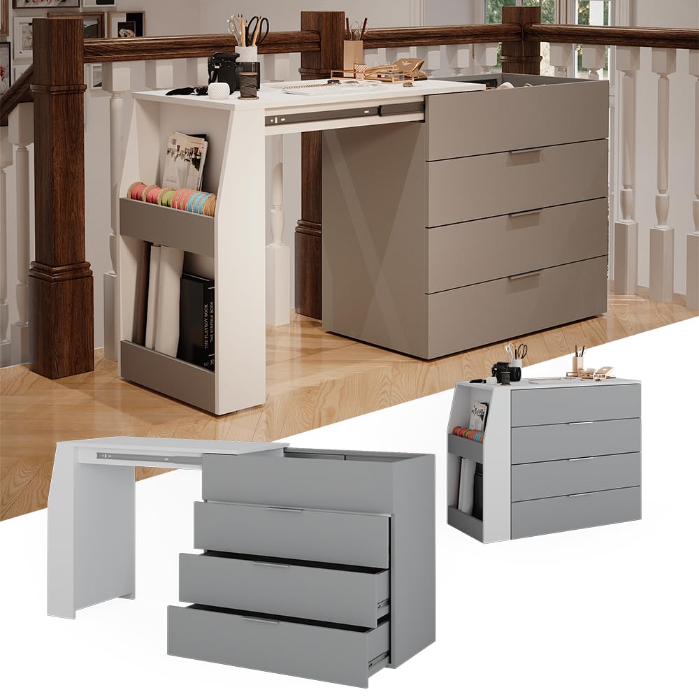 Vicco Mesa de Manualidades IVA, Gris, 98.5-167.5 x 80 x 47 cm | desplegable, 4 cajones, extensible para ampliar la superficie de trabajo