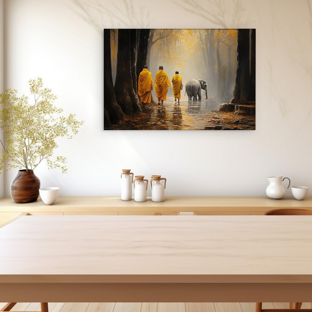 Canvas for Living room. Mystic March in Mist: Monks and Elephants in Harmonious Forest Procession, 27 x 18 inch Canvas Wall Art - Nature Home Decor