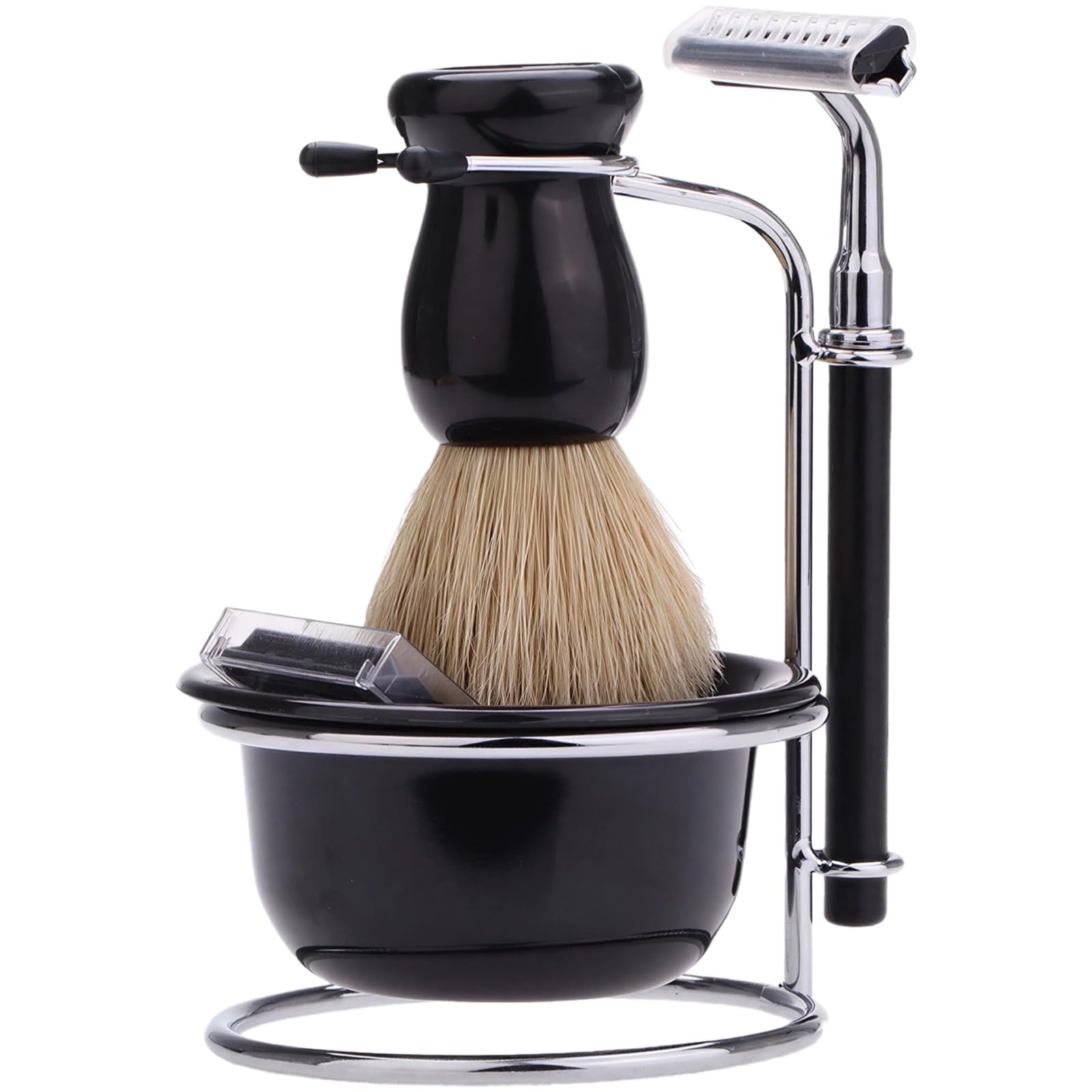 Kit de rasage 5 pièces pour homme, avec blaireau, rasoir manuel, bol de rasage, support, manche élargi, matériaux métal et plastique, pour un rasage net et élégant
