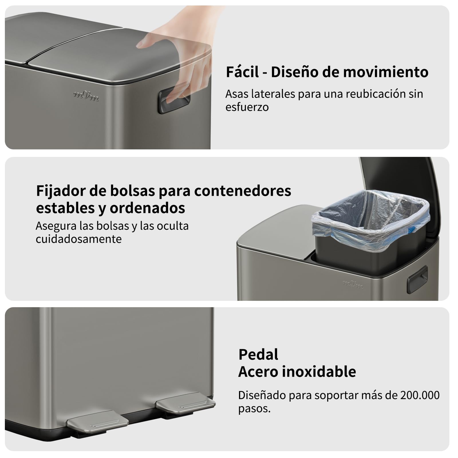 mVm Cubo de Basura Reciclable, Basurero de 60 L, 2 Compartimentos 2 x 30L con Pedal y Tapa de Cierre Suave, Papelera Moderna y Robusta, para Cocina, Salón, Gris