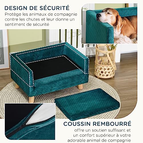 PawHut Hundesofa für Hunde, skandinavisches Design, weiches Kissen, Füße aus Massivholz, Maße: 64 x 45 x 36 cm, Velours, Entenblau