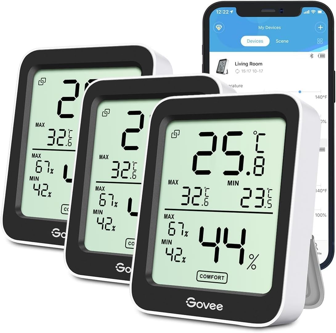 Govee Bluetooth Thermometer Hygrometer Innen, Digitale Thermometer 3 Stück | Präzise Temperatur Luftfeuchtigkeitsmesser mit App, Taupunkt/VPD, Benachrichtigungs, Datenspeicherung für Zimmer Gewächshaus