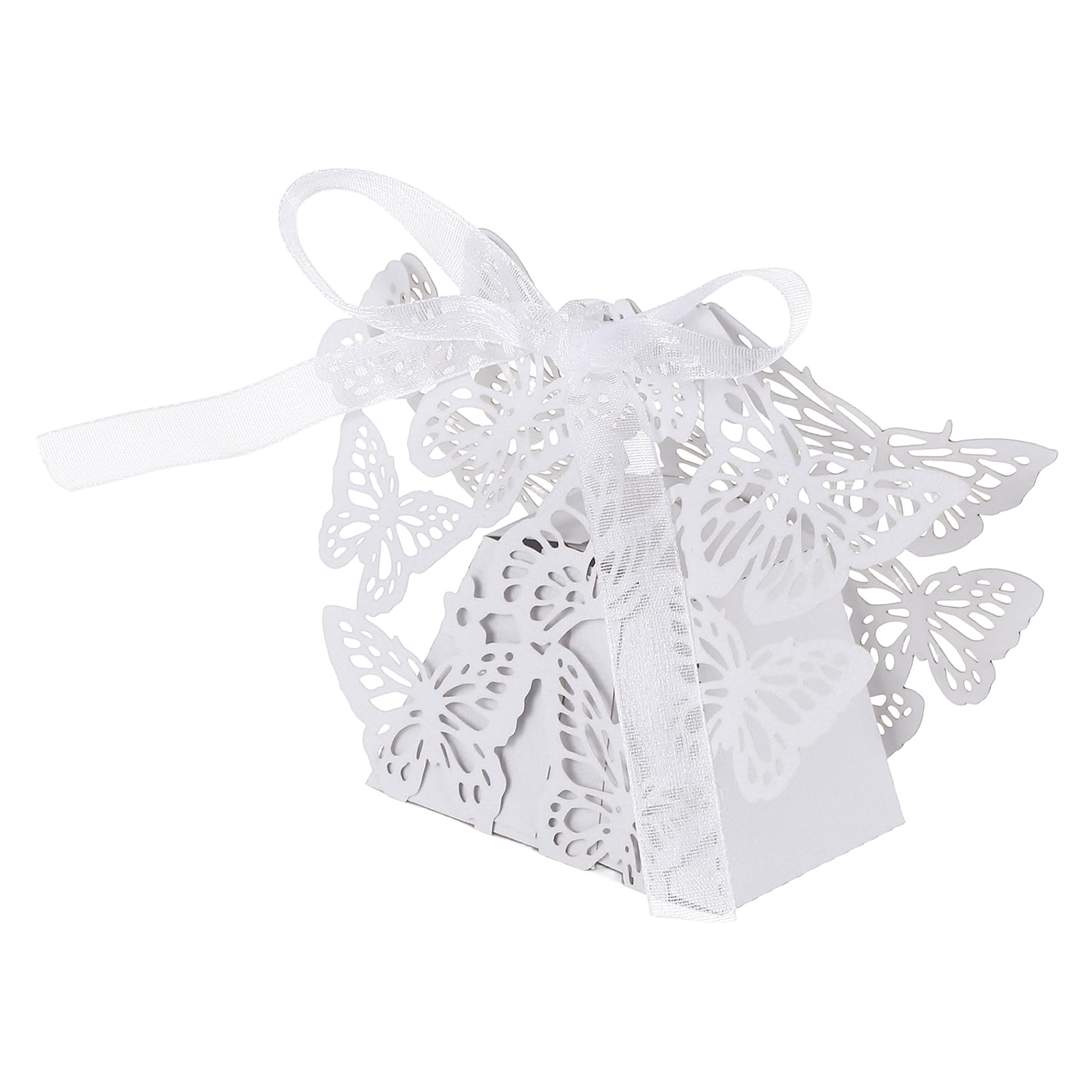 PATIKIL Butterfly Hollow Candy Box, (White) (50Pcs), Reusable Romantic Cookie Gift Boxes with Ribbons for Wedding/Birthday Party/Anniversary/Baby Shower — image 1