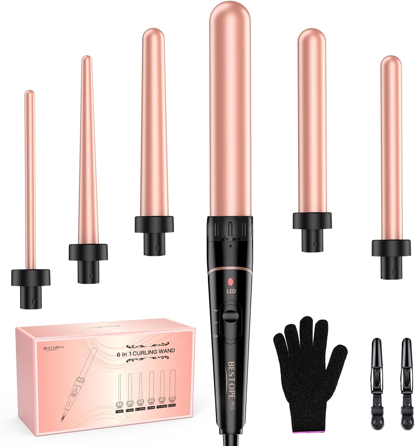 Long Barrel Curling Iron Wand Set, BESTOPE PRO 6 in 1 Curling Wand Set with Ceramic Barrel for Long/Medium Hair, 0.35"-1.25" Interchangeable Hair Wand Curler, Dual Voltage, Include Glove & Clips