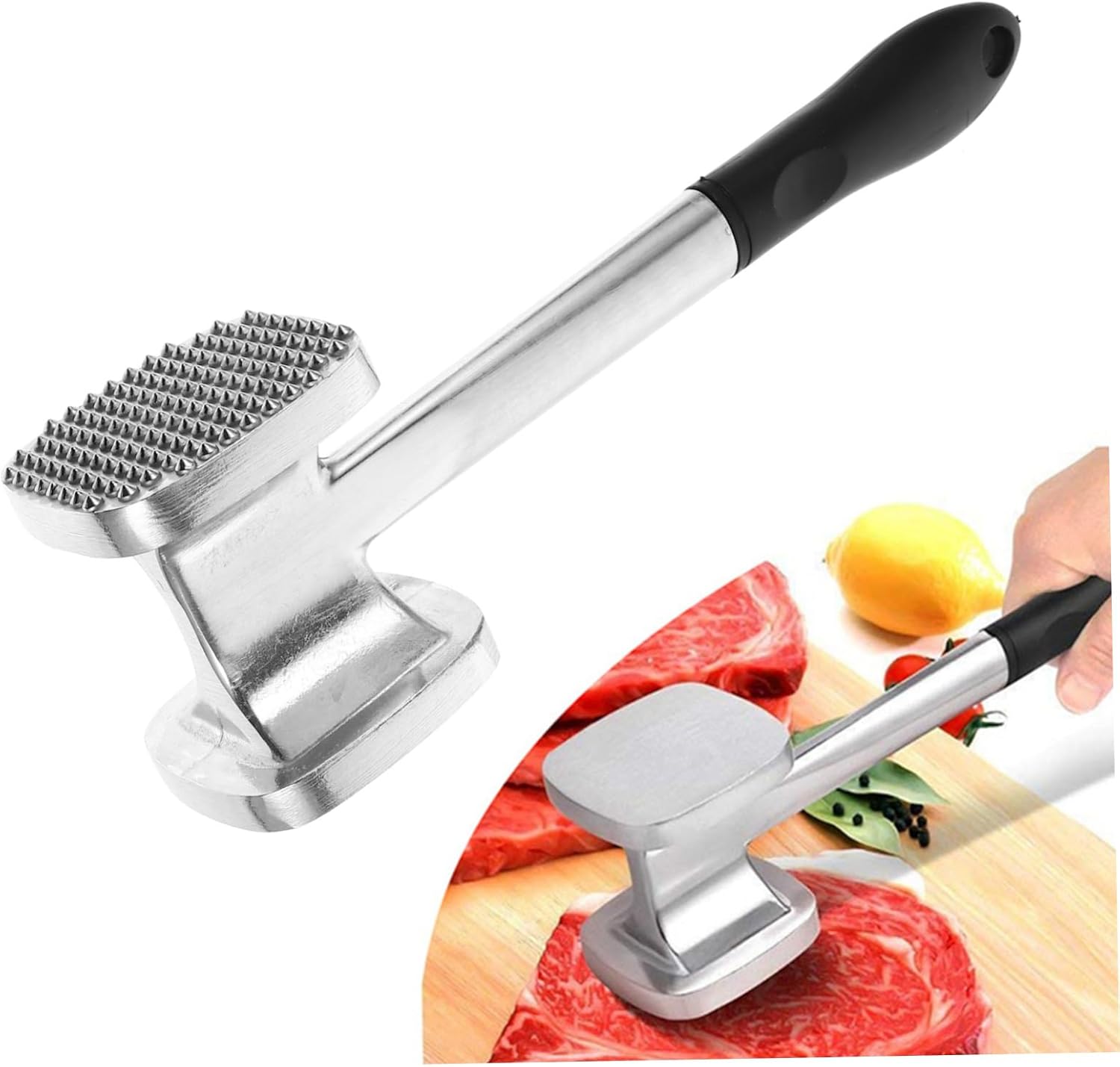 SOLUSTRE Double-sided Meat Mallet for Tenderizing Steak and Poultry Non-slip Handle Sturdy Construction Comfortable Grip for Left and Right Hand Users