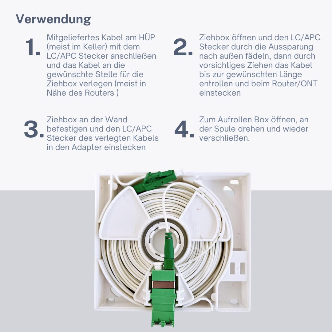 FLEXI KIT - 20m Glasfaserkabel vorkonfektioniert mit 20m Ziehbox, LC/APC 8°, weiß, OS2 Patchkabel, 3.0mm/1.2mm Durchmesser, 9/125μm, LSZH, FTTH Lichtwellenleiter, G.657.A2