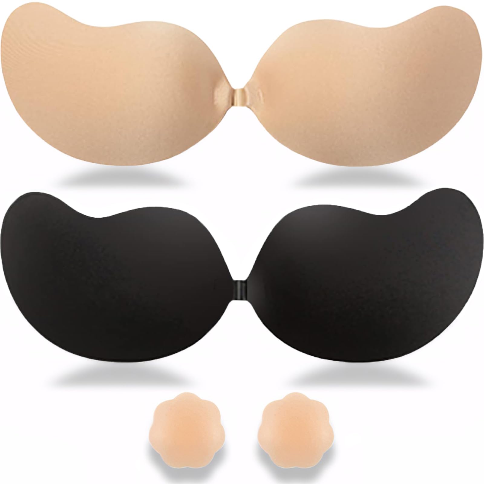KIETLA Sticky Bra Strapless Adhesive Backless Invisible Push Up Bras for Women Dress Reusable 2 Pair Silicone Nipple Covers