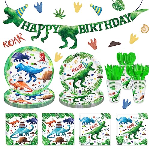 169 Pcs Watercolor Dinosaur Party Supplies Dinosaur Theme Birthday Party Decoration Includes Banner Plates Cups Napkins Knives Forks Spoons Tableware for Boys Birthday, Serves 24 Guests