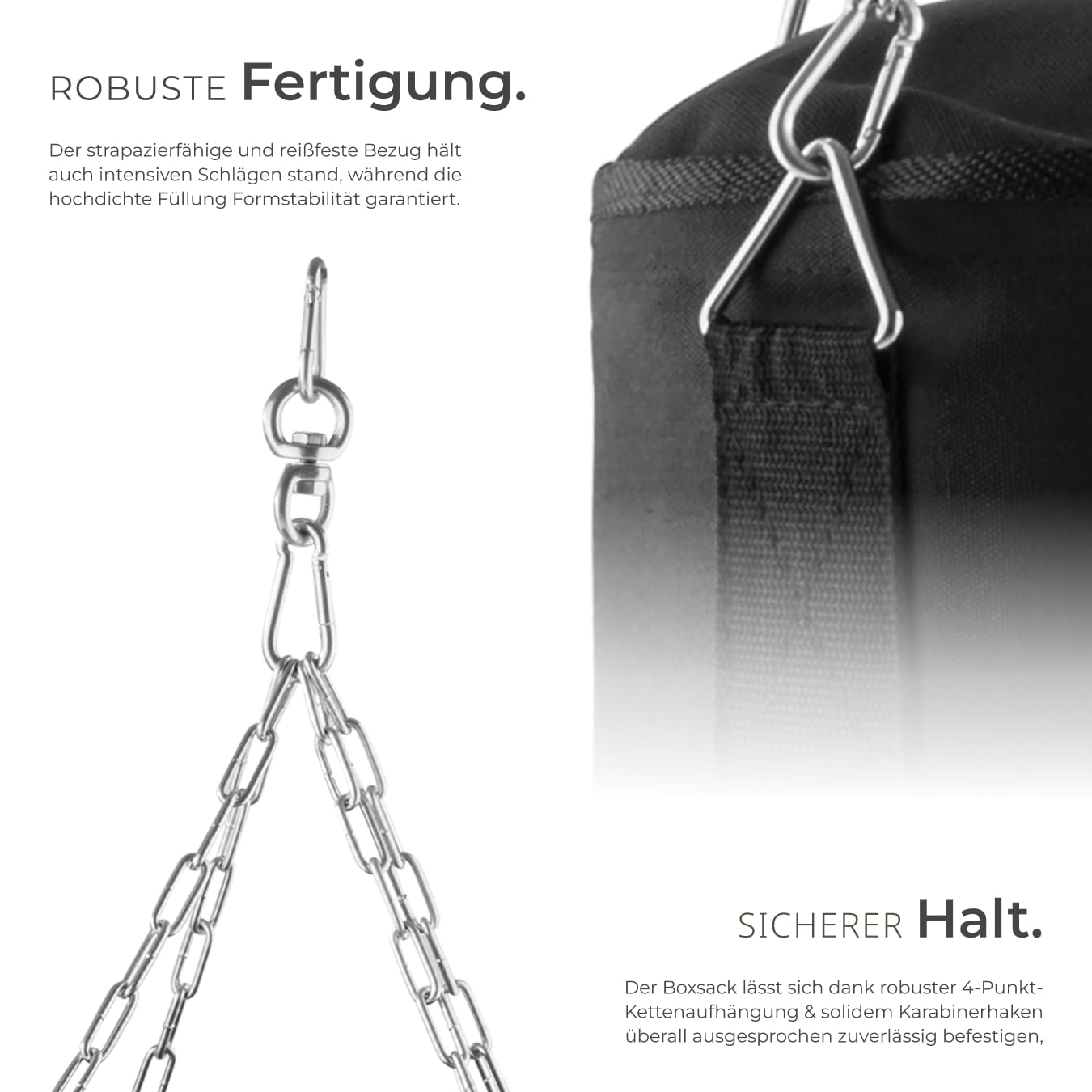 tectake® Boxsack für Zuhause, Sandsack gefüllt mit 25 kg, inkl. Boxsack Halterung 4-Punkt Stahlkette, Befestigungshaken und Drehwirbel, Fitnessgeräte für Zuhause, für Boxsport, Workout, 28 x 140 cm