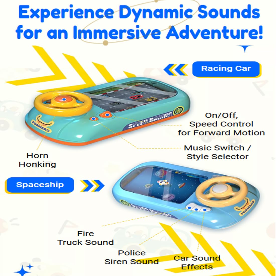 Race Adventure Car Steering Wheel Toy, Toddler Driving Racing Car Game with Sound, Interactive Electric Driving Simulation Toy, with Suction Cups for Kids Age 3-6 Years Old (E)