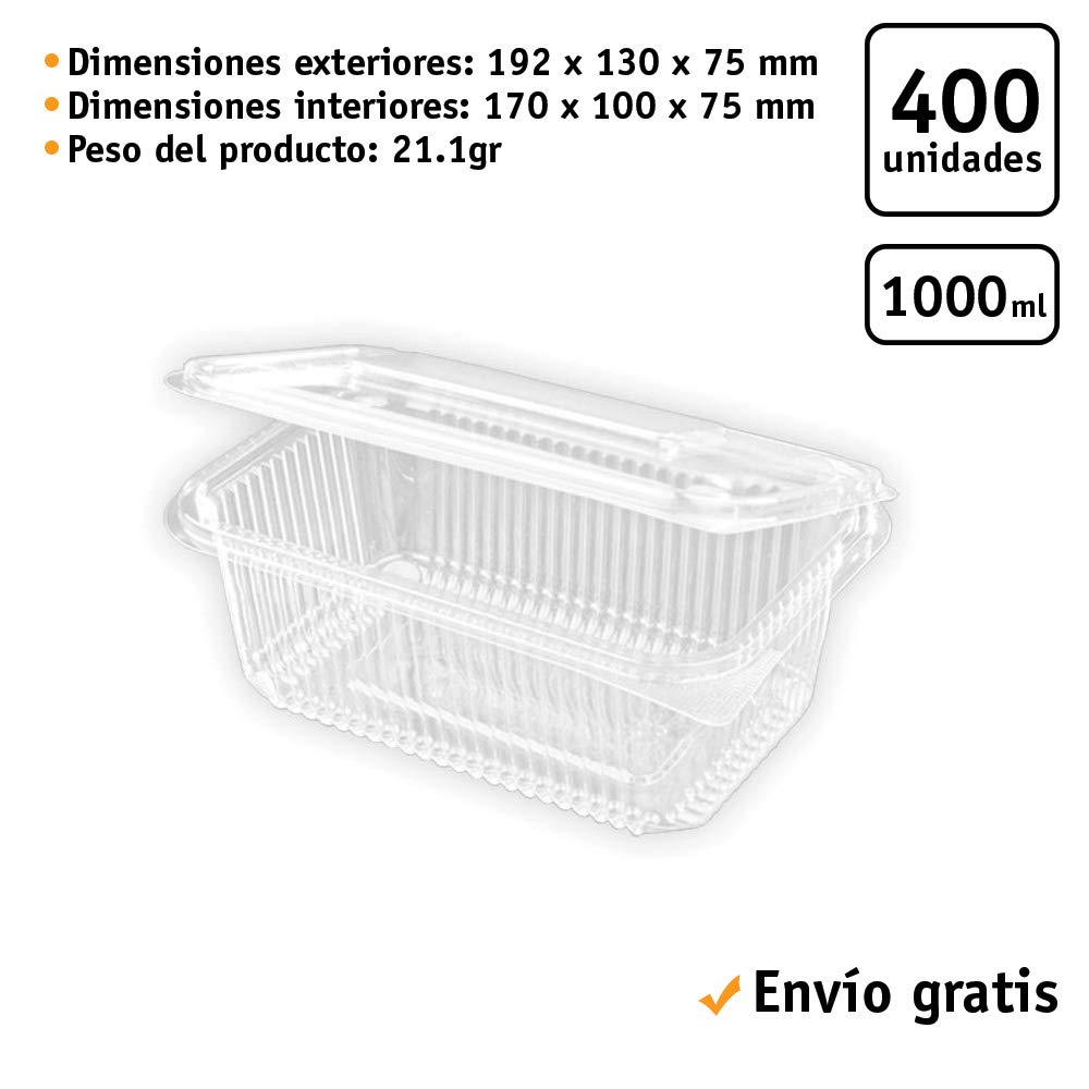 400 uds - Envase Recipiente para Comidas frías con Tapa bisagra Rectangular - Capacidad 1000 ml - Polietileno (Pet) Transparente