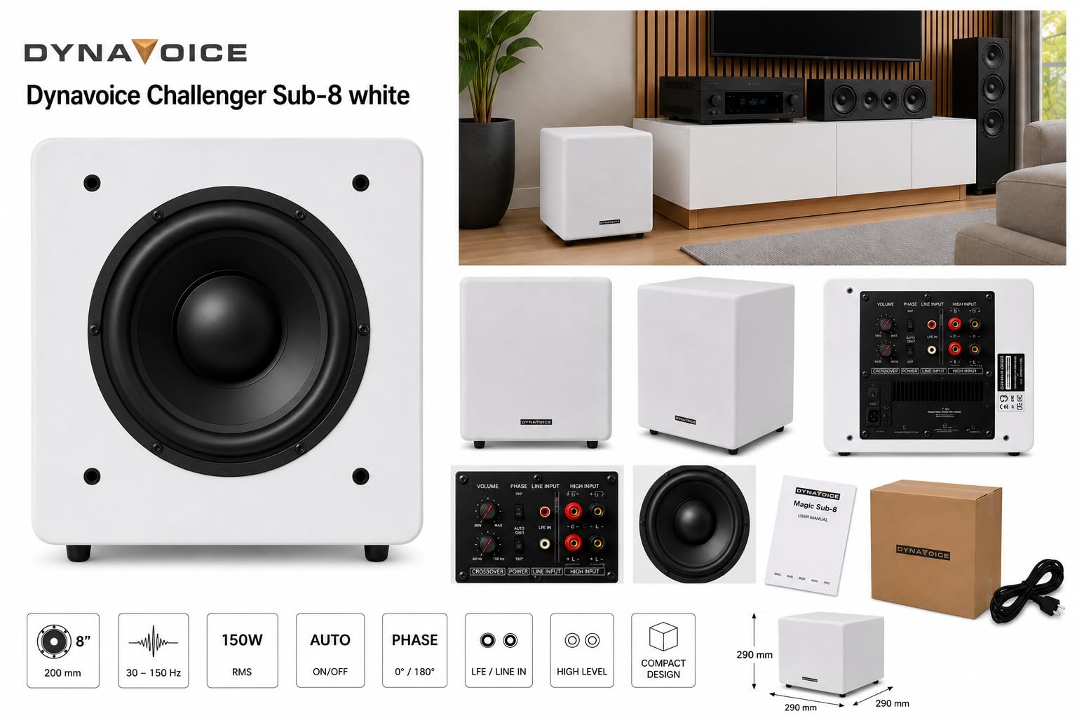 DYNAVOICE Challenger SUB-8 Weiß Matt Aktiver 8 Zoll Subwoofer 90W RMS 125W Max Geschlossenes Gehäuse Ohne Bassreflex Phase und Low Pass Regelung RCA und High Level Anschluss für Heimkino und HiFi