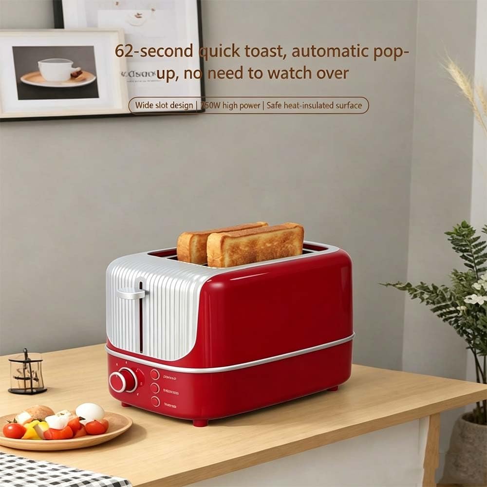 Toster na 2 kromki, 750 W, 7-stopniowa regulacja prędkości, szeroka konstrukcja gniazd, toster kempingowy, bardzo szerokie szczeliny 35 mm, automatycznie wysuwane tostery do domu(Red)