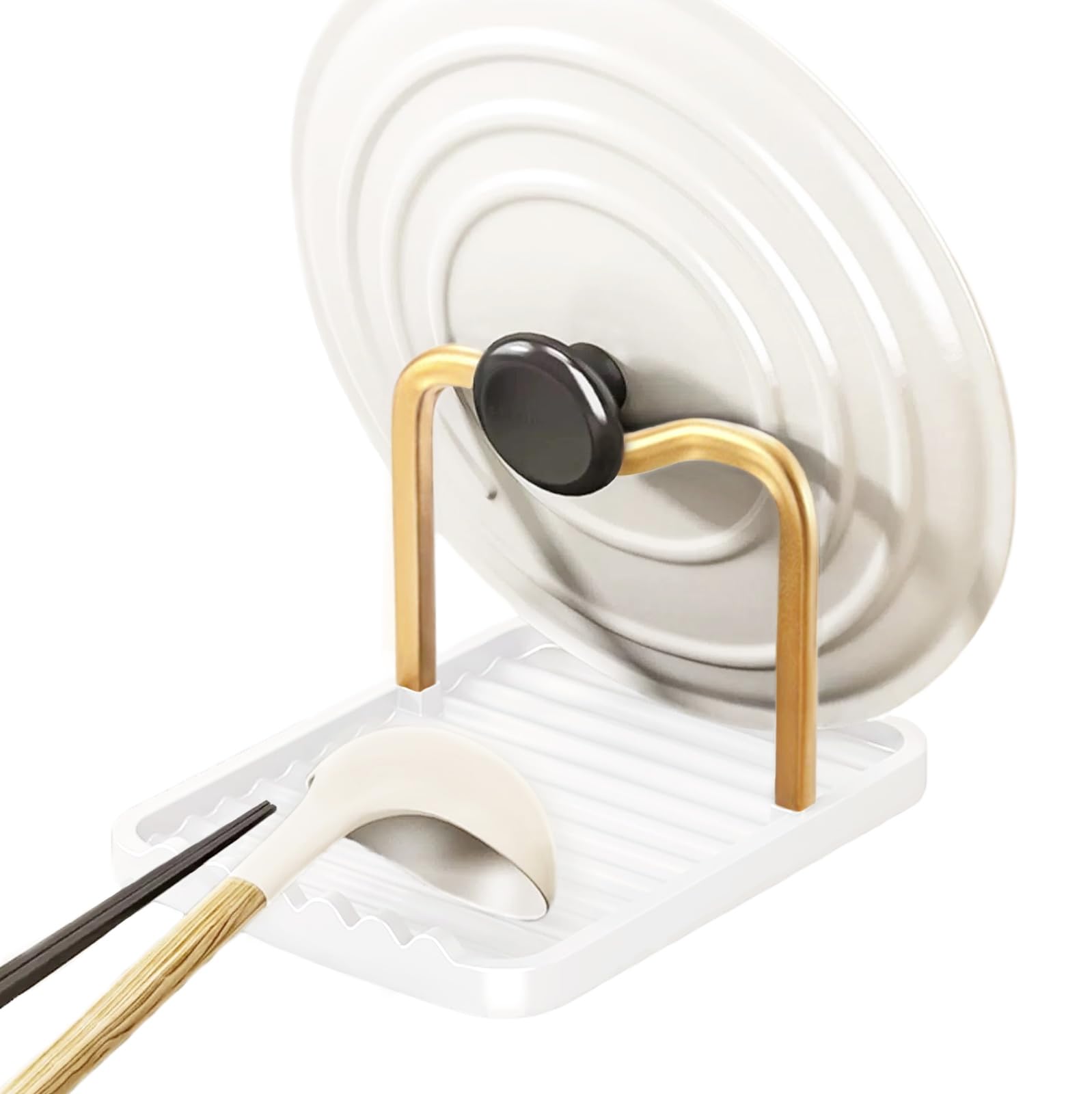 Anti-Rust Metal Spoon Rest with Lid Holder While Cooking, Gold White