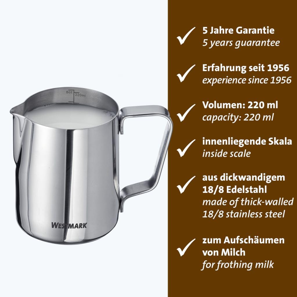 Westmark Milk Jug Brasilia 220 ml - Ideal for Coffee Cream, Milk, Honey and Other Coffee and Tea Additives, Barista Accessories - Stainless Steel