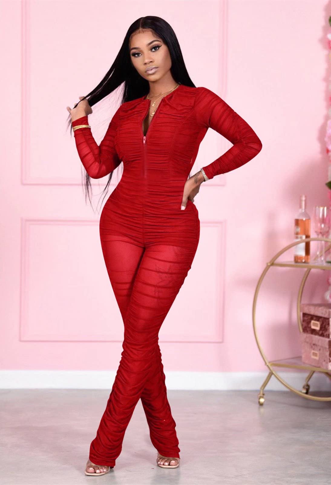 Mintsnow Sexy Mesh Patchwork Tute per le donne Elegante manica lunga fasciatura un pezzo partito lungo Body, Rosso - Impilato, Large