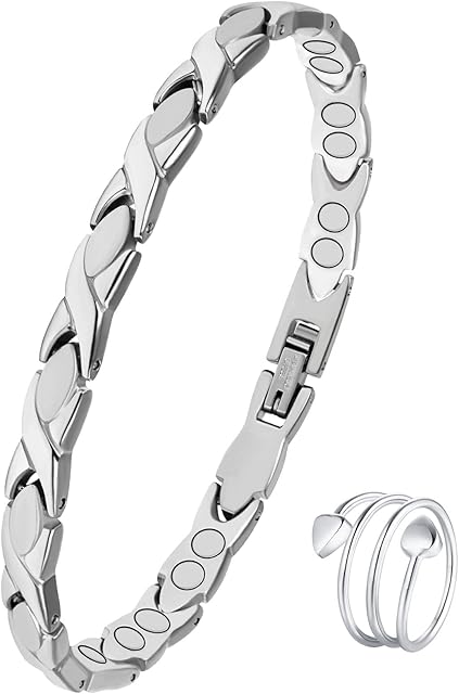 Jecanori Titanium Steel Magnetic Bracelet for Women,Magnetic Wristband and Ring Set with Ultra Strength Magnets,Adjustable Size Brazaletes with Sizing Tools and Jewelry Gift Box